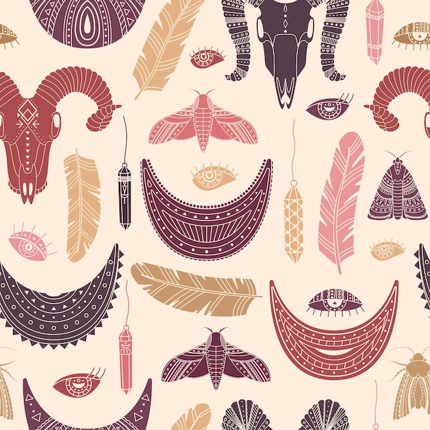Padrão sem emenda de vetor com ilustrações de boho. Fundo boêmio no estilo simples.