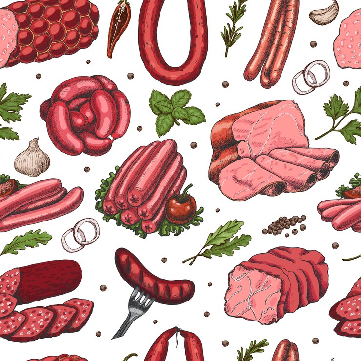 Vetor padrão sem emenda de vetor com produtos de carne de cor diferente