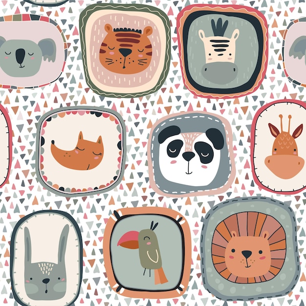 Padrão sem emenda de vetor com rostos de animais fofos em quadros Estilo escandinavo simples