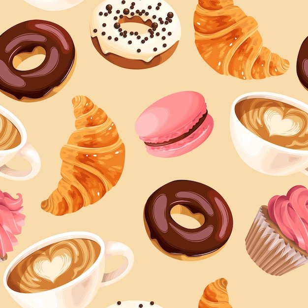 Padrão sem emenda de vetor com xícaras de café e pastelaria francesa