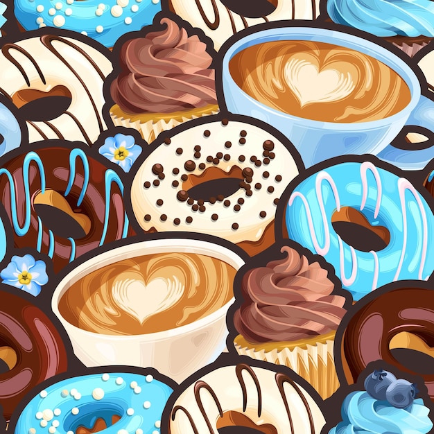 Padrão sem emenda de vetor com xícaras de café rosquinhas com vidros coloridos e cupcakes