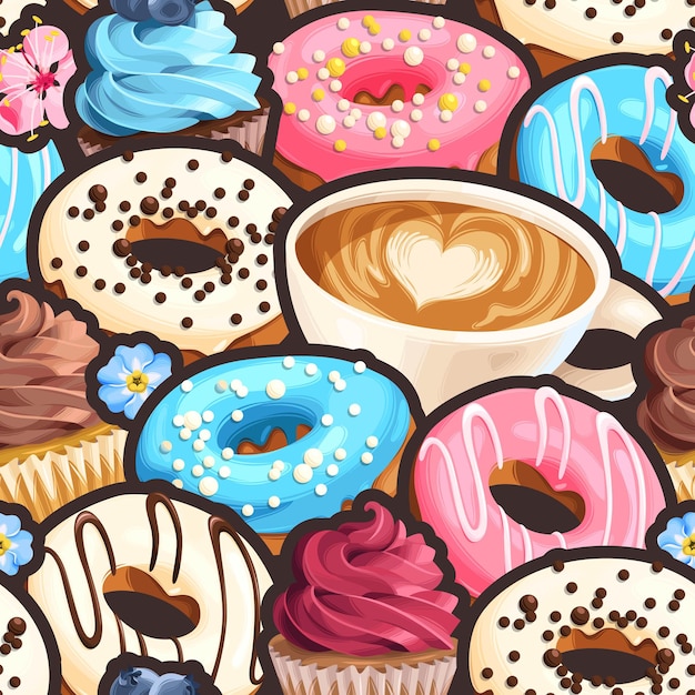 Padrão sem emenda de vetor com xícaras de café rosquinhas com vidros coloridos e cupcakes