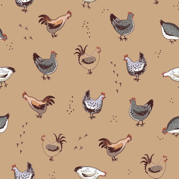 Padrão sem emenda de vetor de animais de fazenda de frango