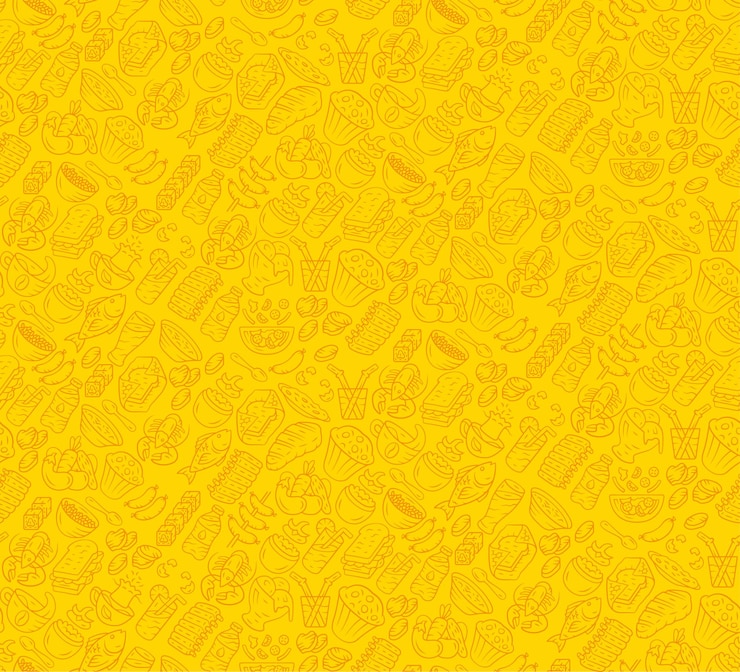 Vetor padrão sem emenda de vetor de comida. cozinha, papel de parede de café de fast food com ícones de gastronomia. textura de cor amarela, ouro. têxteis decorativos, design de papel de embrulho. fundo brilhante para menu, recibos
