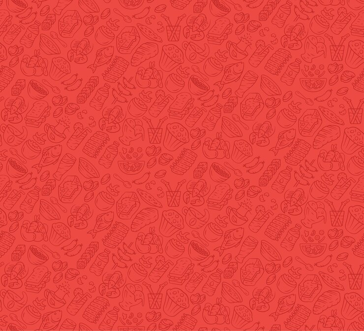 Vetor padrão sem emenda de vetor de comida. cozinha, papel de parede de café de fast food com ícones de gastronomia. textura de cor vermelha rubi. têxteis decorativos, design de papel de embrulho. fundo brilhante para menu, recibos