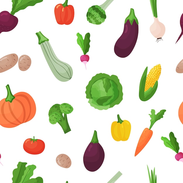 Padrão sem emenda de vetor de comida. Ilustração plana de legumes isolados no fundo branco