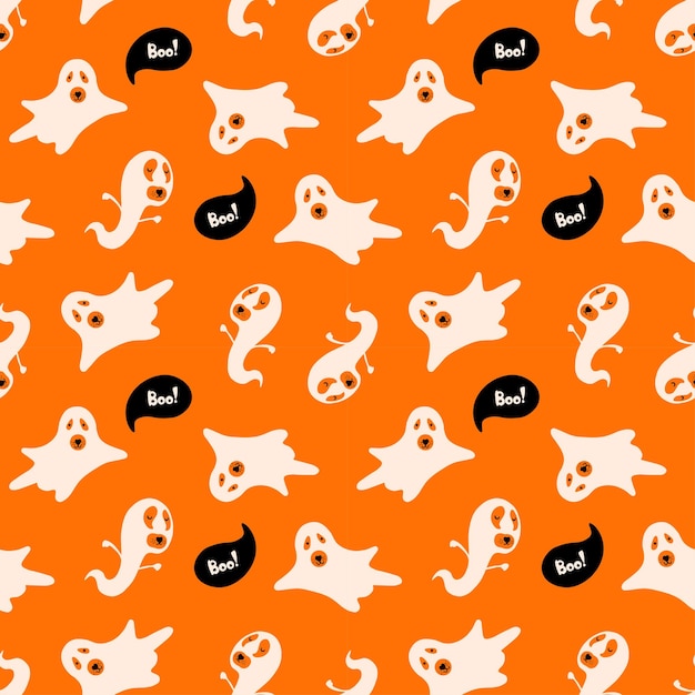 Padrão sem emenda de vetor de halloween com personagens fofinhos. cães vestindo fantasias de fantasmas