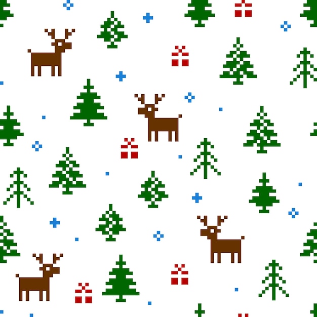 Padrão sem emenda de vetor de natal de inverno em branco. fundo de pixel de ano novo com renas, árvore, neve e presente. para cartões de felicitações, papel de embrulho de presentes, papéis de parede.