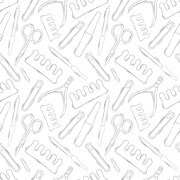 Padrão sem emenda de vetor de um salão de beleza. Padrão. Ilustração das ações. Manicure. Contorno escuro. Fundo claro