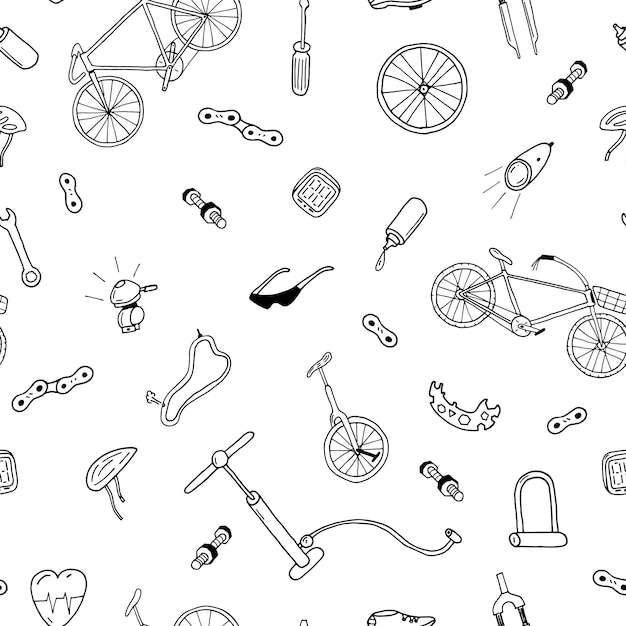 Padrão sem emenda de vetor em estilo doodle. acessórios de bicicleta. você pode usar cada elemento separadamente.