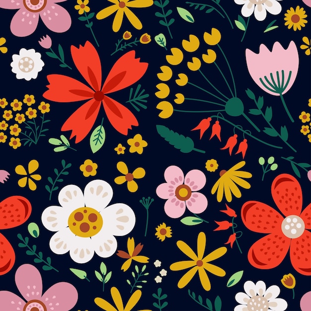 Padrão sem emenda de vetor floral incrível de flores vintage coloridas brilhantes