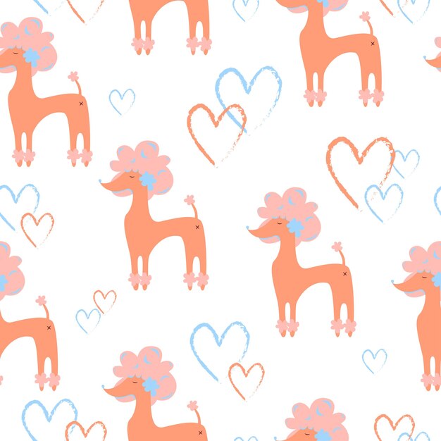 Vetor padrão sem emenda de vetor fofo romântico com poodles rosa e corações.
