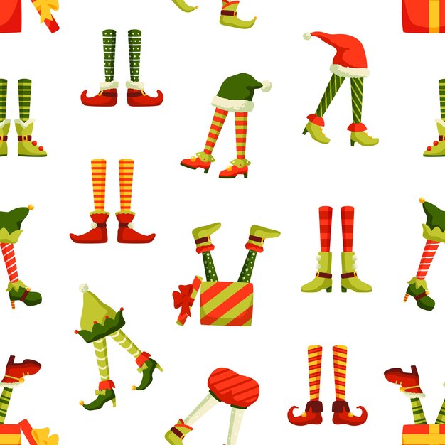 Padrão sem emenda de vetor plano de pernas de elfo de Natal. Ano novo engraçado, textura com tema de férias de inverno. Palhaço colorido, bobo da corte, ilustrações de calçados de ajudantes de Papai Noel. Papel de embrulho de Natal, design de papel de parede.