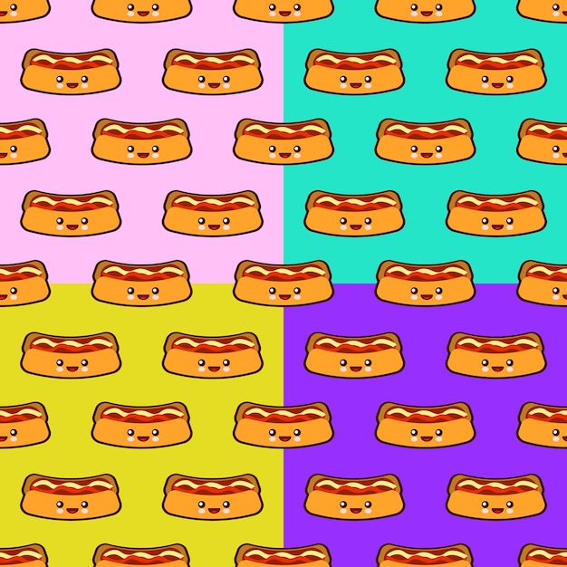 Padrão sem emenda definido com personagens kawaii de fast food fofos de cachorro-quente em fundos de cores design plano ilustração vetorial