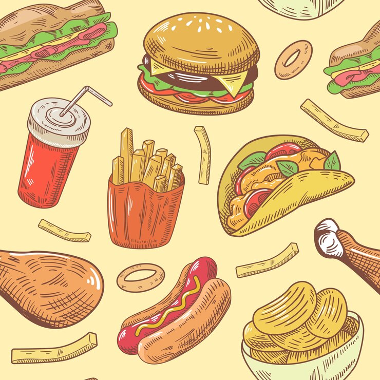 Vetor padrão sem emenda desenhado à mão de fast food com hambúrguer