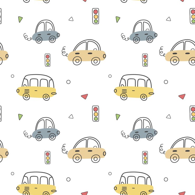 Padrão sem emenda desenhado com carros bonitos em um fundo branco. Textura infantil para tecido