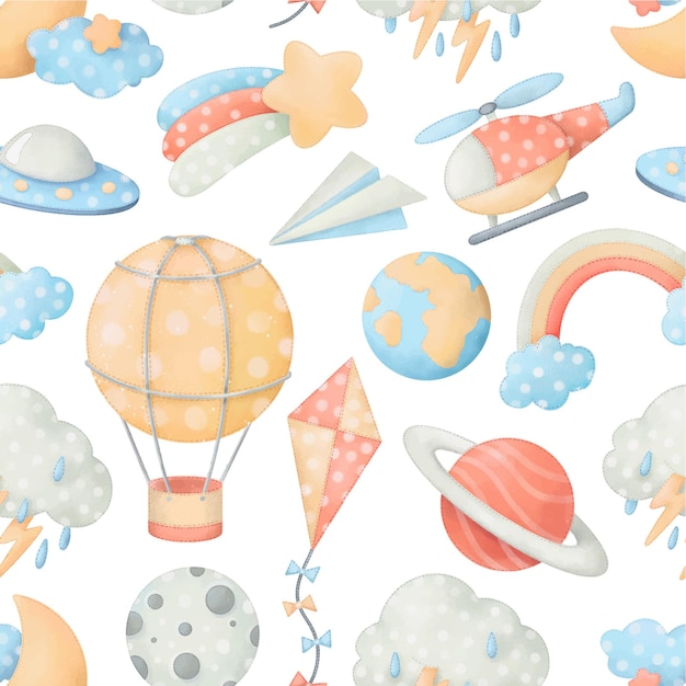 Padrão sem emenda do céu infantil. Ilustrações em aquarela desenhadas à mão