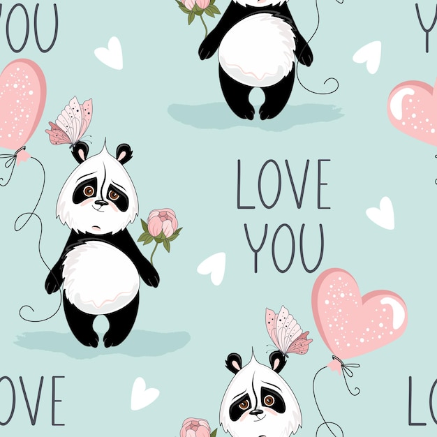 Padrão sem emenda do dia dos namorados. Panda romântico com elementos festivos.