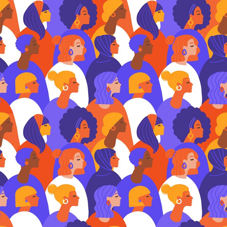 Vetor padrão sem emenda do dia internacional da mulher. multidão de garotas multinacionais em diferentes roupas multicoloridas. faces diversas femininas de etnia diferente. conceito de movimento de empoderamento feminino. vetor plano