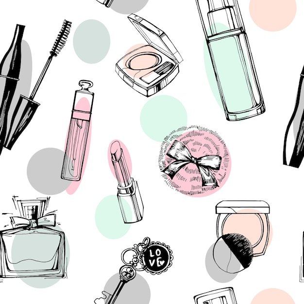 Padrão sem emenda elegante com um lindo perfume, rímel, chaves, pó de arroz, blush. Cosméticos e fundo de moda. Ilustração vetorial.