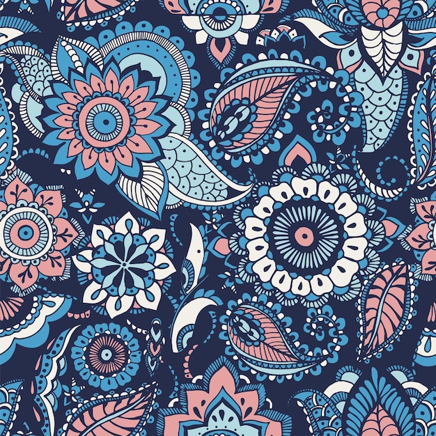 Padrão sem emenda estampado turco com motivos buta e elementos mehndi floral árabe sobre fundo azul. Ilustração em vetor decorativo colorido para impressão de tecido, papel de parede, papel de embrulho, pano de fundo.