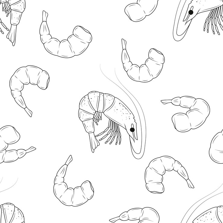 Padrão sem emenda feito de camarões. desenhado à mão. frutos do mar. imagem infinita.