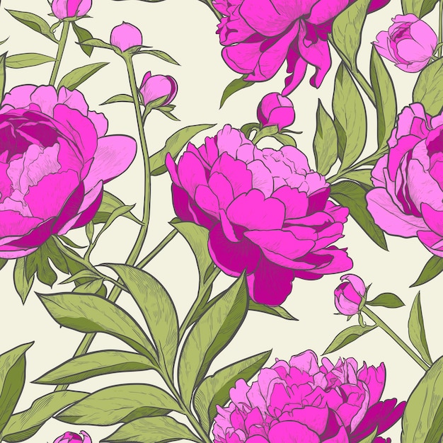 Padrão sem emenda floral. fundo de peônia vintage. ilustração em vetor desenhada à mão.