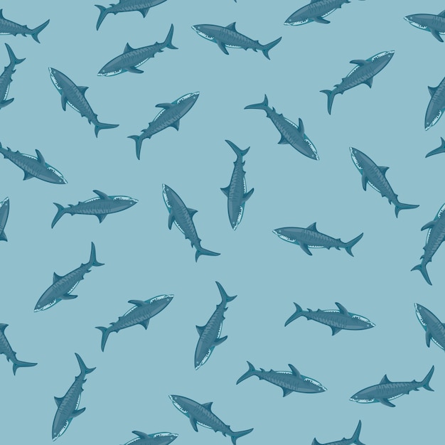 Padrão sem emenda Fundo azul pastel de tubarão-tigre. Textura cinza de peixes marinhos para qualquer finalidade. Modelo aleatório para design de tecido têxtil. Ornamento de vetor simples.