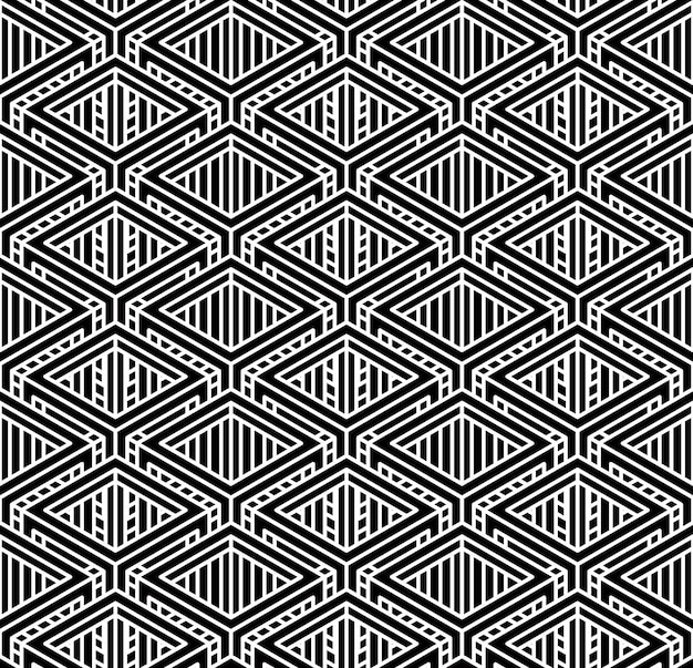 Padrão sem emenda geométrico abstrato ilusório monocromático com figuras geométricas 3d. pano de fundo listrado preto e branco do vetor.