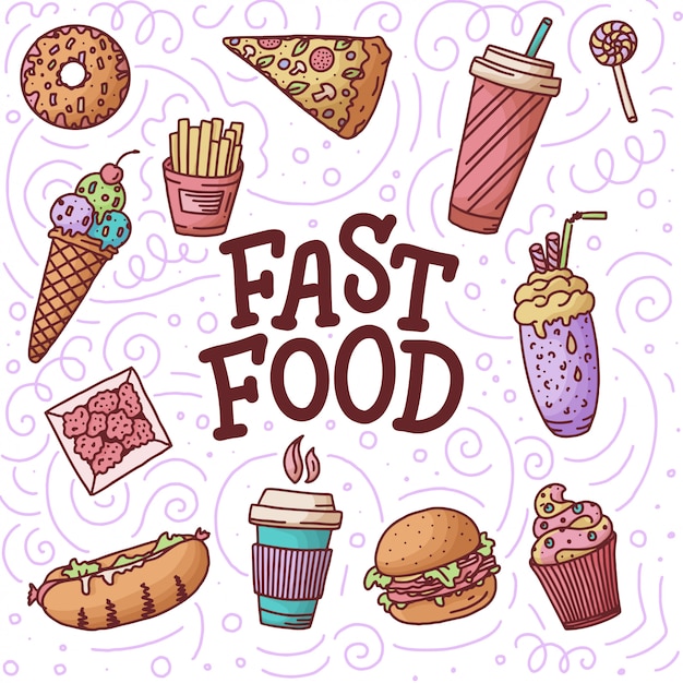 Padrão sem emenda. ilustração vintage com fast-food doodle elementos e letras em fundo para conceito