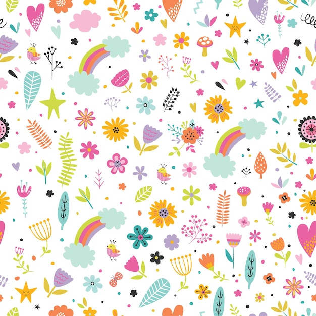 Vetor padrão sem emenda infantil com flores bonitos, corações e arco-íris no estilo cartoon.