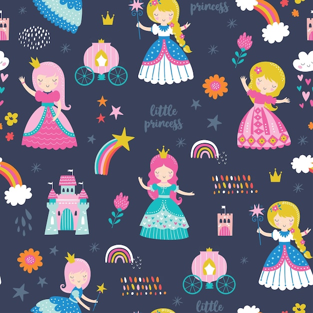 Padrão sem emenda infantil com princesa, castelo, carruagem em estilo escandinavo.