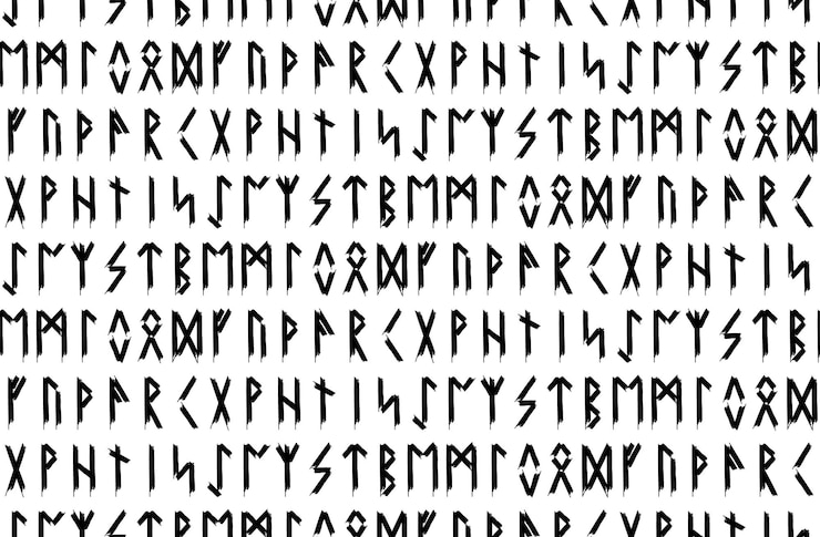 Vetor padrão sem emenda islandês norueguês étnico. talismãs rúnicos dos vikings e dos povos do norte. runas mágicas e mágicas. sinais pagãos. fundo repetível futhark. ilustração vetorial.