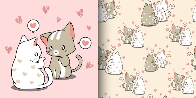 Padrão sem emenda kawaii casal gato está sussurrando amor com fundo de coração