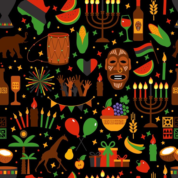 Vetor padrão sem emenda kwanzaa da áfrica com cores e símbolos tradicionais. fundo preto exótico.