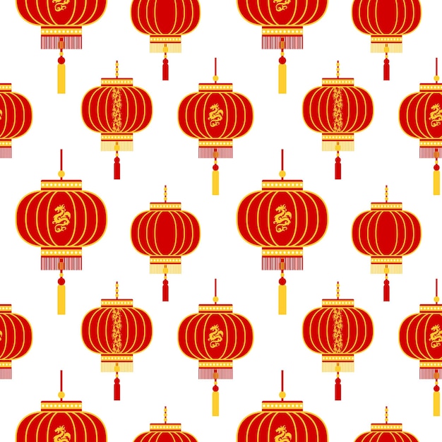 Padrão sem emenda, lanternas chinesas vermelho-ouro em um fundo branco. prin, têxtil, fundo, vetor