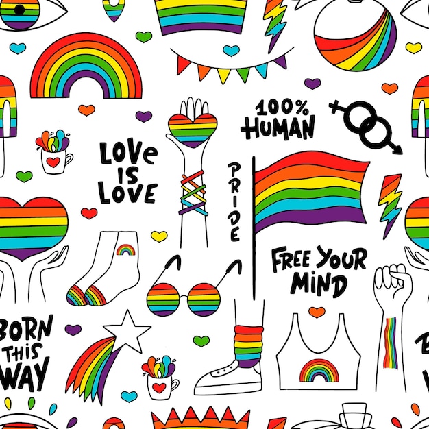 Padrão sem emenda LGBTQ com bandeira, mãos, corações, estrela, arco-íris, frases