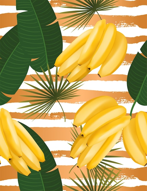 Padrão sem emenda moderno com cacho de banana realista e folhas tropicais ilustração vetorial realista