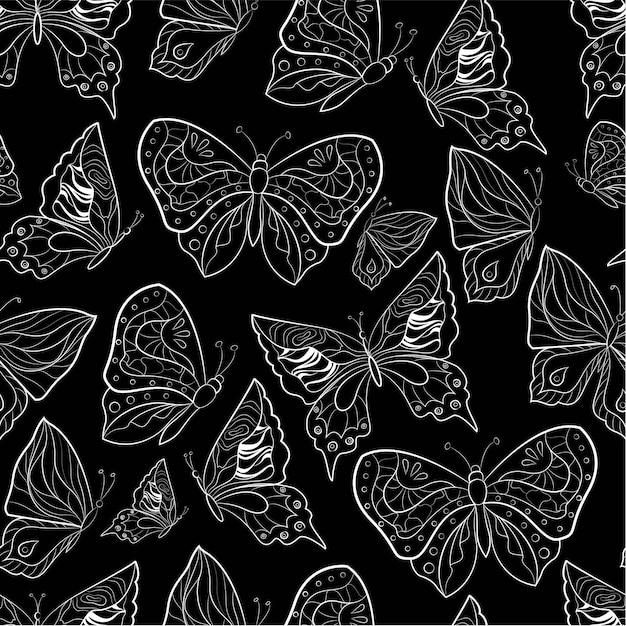 Vetor padrão sem emenda monocromático de borboletas ilustração vetorial de insetos voadores de contorno