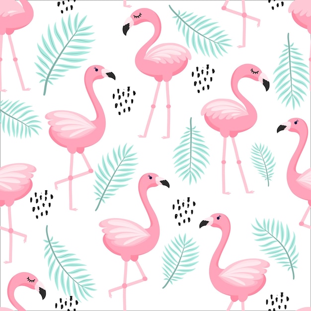 Padrão sem emenda na moda tropical com flamingos cor de rosa e folhas de palmeira verde menta. Fundo de arte exótica do Havaí. Design para tecido e decoração.