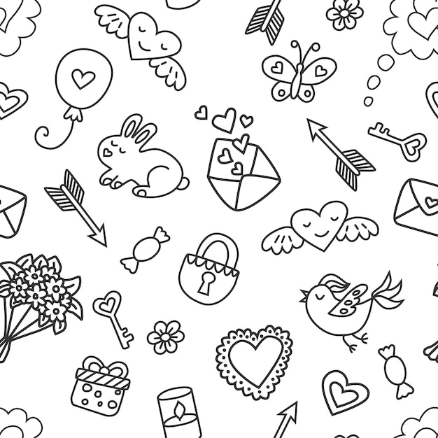 Padrão sem emenda para o dia dos namorados ou casamento em estilo doodle em fundo branco. ilustração vetorial. fundo com símbolos de amor