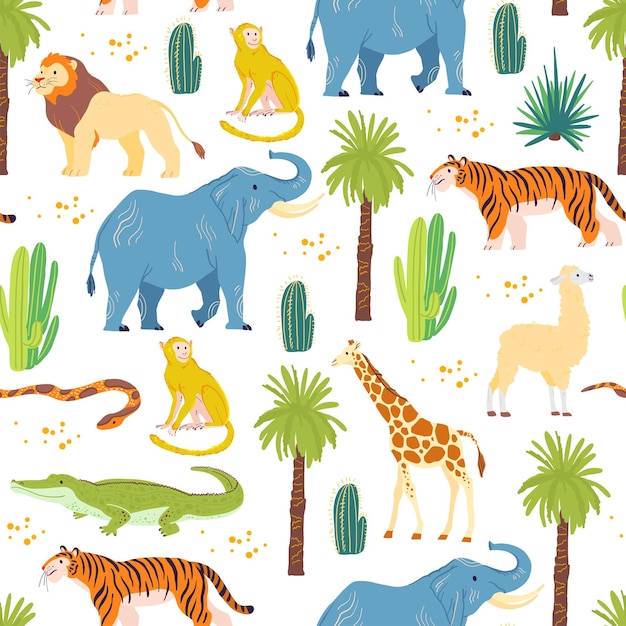 Padrão sem emenda plana de vetor com mão desenhada animais do deserto, répteis, palmeiras, cactos isolados no fundo branco. Bom para embalagens de papel, cartões, papéis de parede, etiquetas para presentes, decoração de viveiro, etc.