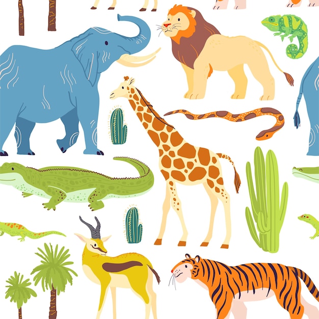 Padrão sem emenda plana de vetor com mão desenhada animais do deserto, répteis, palmeiras, cactos isolados no fundo branco. Bom para embalagens de papel, cartões, papéis de parede, etiquetas para presentes, decoração de viveiro, etc.