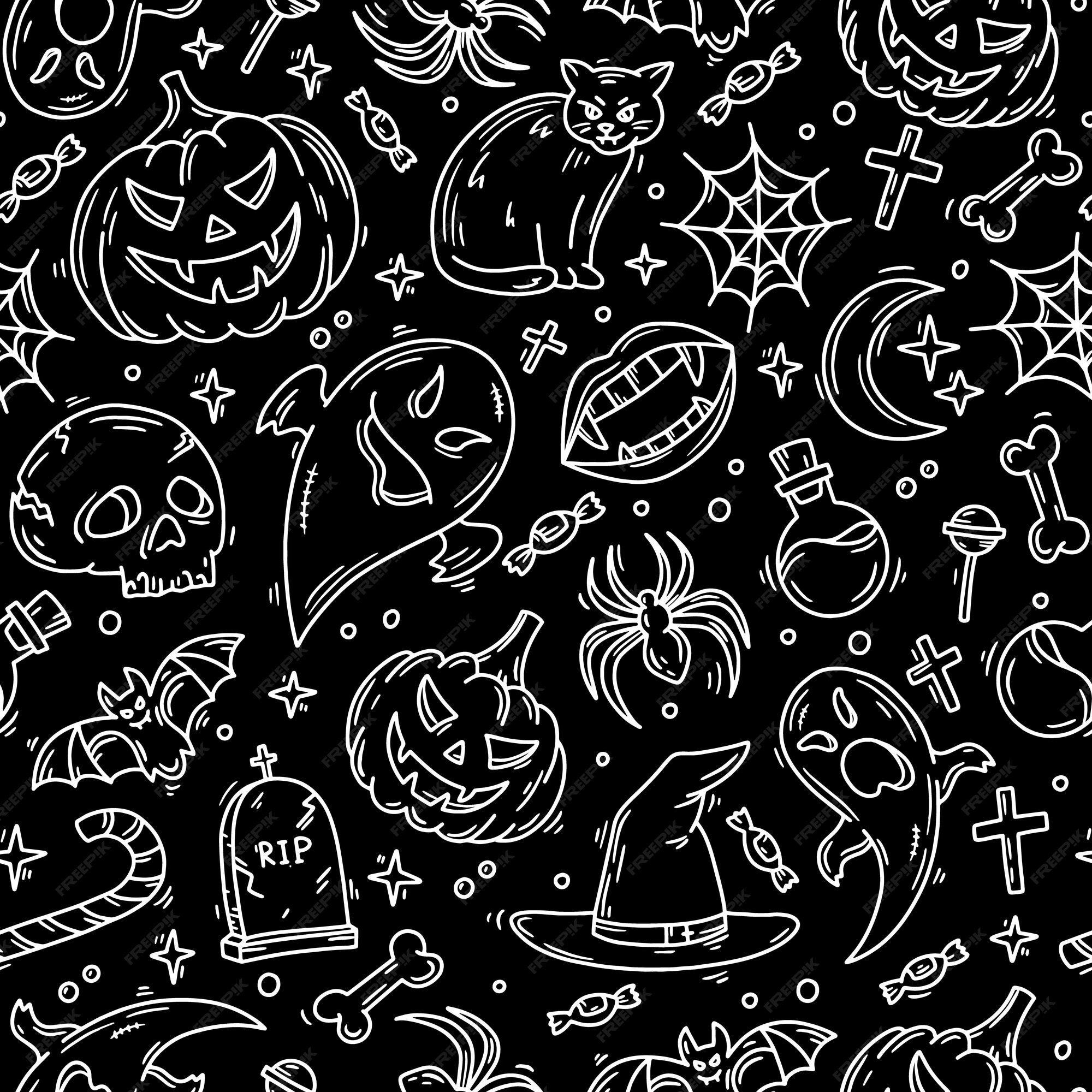 Grande padrão sem emenda de halloween com elementos de estilo doodle  simples de desenho animado