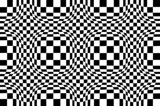 Padrão sem emenda quadriculado com ilusão de ótica de volume esférico, fundo abstrato geométrico preto e branco, tabuleiro de xadrez 3d efeito op art.