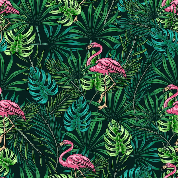 Padrão sem emenda tropical colorido com rosa flamingo verde monstera e folhas de palmeira