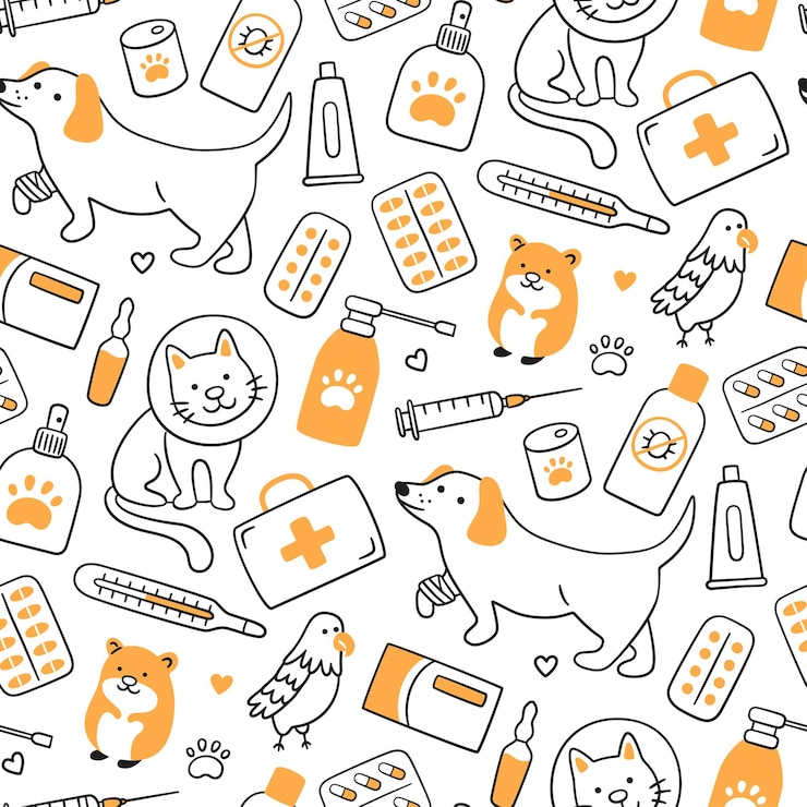 Padrão sem emenda veterinário com animais de estimação, medicamentos e alimentos