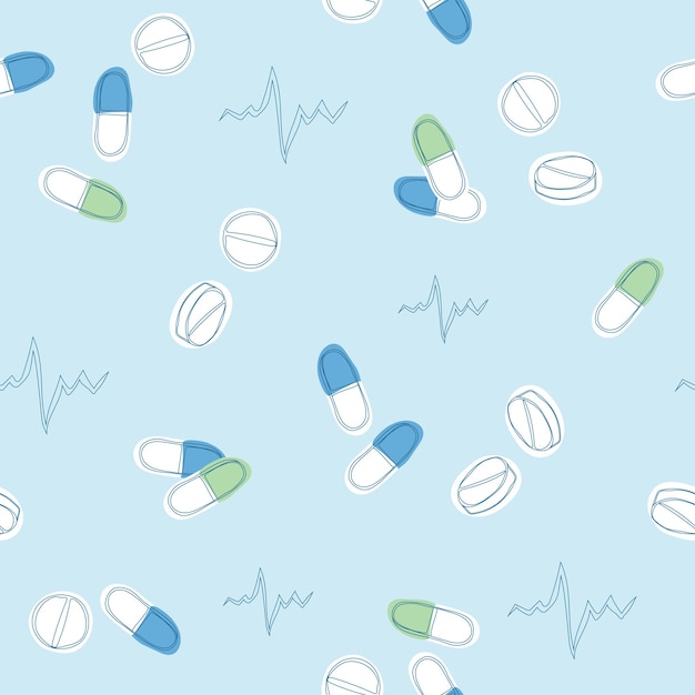 Padrão sem emenda vintage de medicina. fundo azul feito de comprimidos e cápsulas.