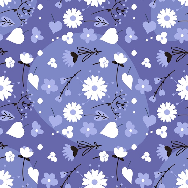 Padrão sem emenda violeta azul com flores diferentes. Ilustração em vetor em estilo simples desenhado à mão.