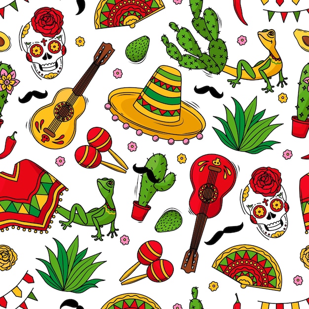 Padrão sem emenda Viva México com símbolos da cultura mexicana em um fundo branco. Fundo colorido do vetor da guitarra, do sombrero, das maracas, do cacto e do crânio. Ilustração vetorial
